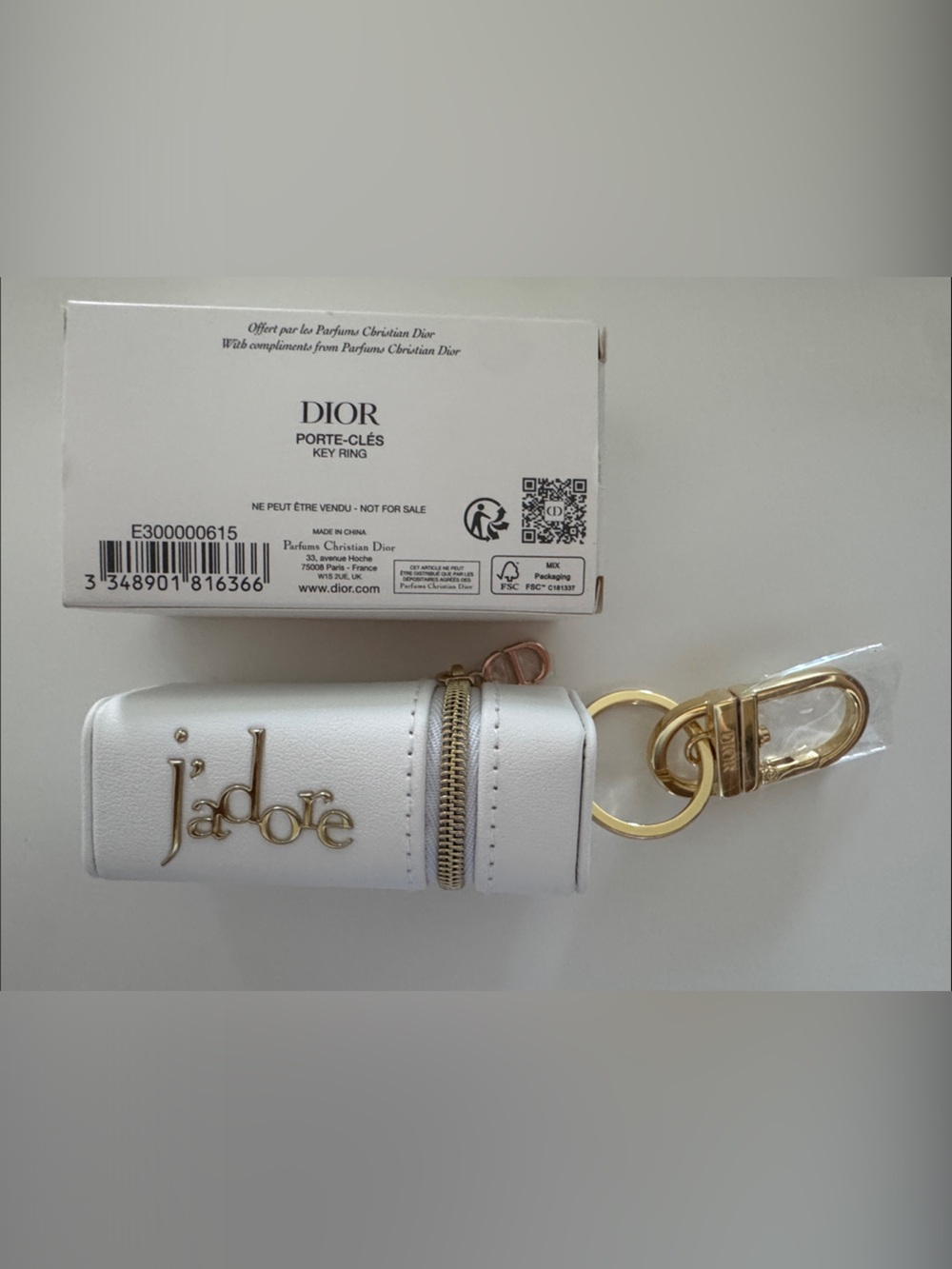 Dior White 'J'adore' Lipstick Case Key Holder with Gold Hardware